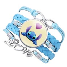 a blue bracelet with an image of stitchie on it