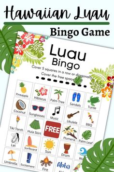 the hawaiian luau game is shown with tropical leaves and other things to play on it