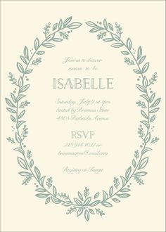 a wedding card with an elegant wreath design on the front and bottom, in blue ink