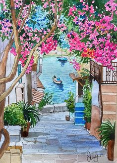 a watercolor painting of an alley leading to a boat in the river with pink flowers on it