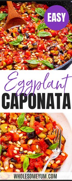 an eggplant caponata in a skillet with basil and pine nuts