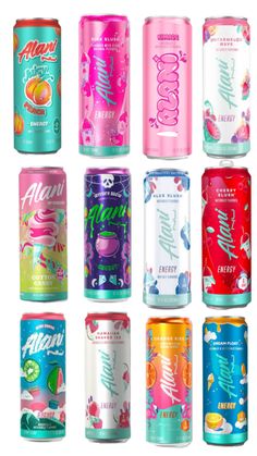 twelve cans of various flavored beverages