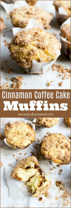 cinnamon coffee cake muffins on a baking sheet with text overlay that says cinnamon coffee cake muffins