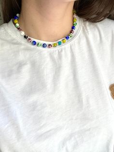 "Millefiori Multicolored Murano Glass Beaded Necklace, Simple Beaded Necklace, Harry Styles İnspired Necklace, 21st Birthday Gift For Her Necklace Lenght: 16\"-18\" ♥ Murano beads are made of glass which is about 70% silica (sand). Venetian beads are made from a type of glass known as soda glass with a COE of 90 degrees which is a measurement of the expansion in heating and cooling. The beads start with glass rods which have been made in Murano. ♥ Murano glass so special is its history and methods of creation. It is world-famous for its unparalleled quality, exquisite range of colours, and not to forget the unsurpassed craftsmanship. PACKAGING AND GIFTING ♥ All jewellery items are packaged in a small gift bag and shipped in a postal box. Buying as a gift? Orders can be sent directly to rec White Letter Beads Necklace For Party, Party Beaded Necklaces With Letter And Round Beads, Party Letter Beaded Necklaces, Harry Styles Necklace, Beaded Necklace Simple, Simple Beaded Necklace, Copper Artwork, Simple Beaded Necklaces, Murano Glass Necklaces