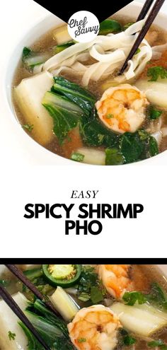 two pictures of shrimp and vegetable soup with chopsticks in the bottom left side