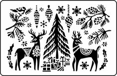 a black and white christmas scene with deers, pine trees, snowflakes and gifts