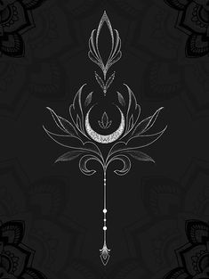 a black and white drawing of a flower on a dark background with an ornate design