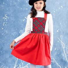 Red corduroy and red tartan Christmas overall dress for girls