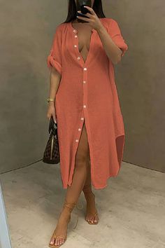 23 Summer, Collar Shirt Dress, Shirt Collar Styles, Gaun Fashion, Dress Item, Collared Shirt Dress, Dress Sleeve Styles, Solid Color Dress, Button Up Dress