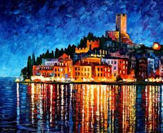 a painting of an island in the middle of water with buildings lit up at night