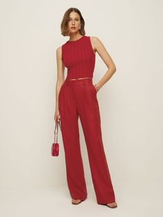 No nonsense. Shop the Alex Mid Rise Linen Pant from Reformation, is a high rise pant with pleating at the front and a relaxed leg. Medium Tv Show, Sundried Tomato, Linen Pant, Pant Trends, Celebrity Lifestyle, Swimwear Dress, Red Pants, Colored Pants, Trouser Style