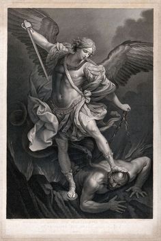 an old painting of a man being taken from the ground by another man with wings