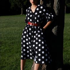 Super Cute Polka Dot Dress, With Red Belt Black Satin Slip Dress, White Outfits For Women, Polka Dots Outfit, White Polka Dot Dress, Belt Dress, Eyelet Dress, Midi Dress With Sleeves, Knit Midi Dress, Blue Midi Dress