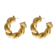 Introducing the Perla earrings from our Santa Fe Collection! Whether you're dressing for a special occasion or adding a touch of southwest-inspired charm to your everyday look, the Perla earrings are the perfect twisted gold hoop earrings for the job. Made with 24K gold-plated metal alloy and standard post backs. Please allow 7-14 business days for production from the order date. Measurements: 1 1/4" long x 1/4" wide Gold Twisted Metal Earrings, Modern Twist Small Hoop Gold Earrings, Gold Earrings With A Modern Twist, Gold Hoop Earrings With A Modern Twist, Twisted Gold Plated Hoop Earrings, Gold Wrap Earrings With A Modern Twist, Gold Twisted Metal Hoop Earrings, Gold Earrings With Modern Twist, Tarnish Resistant, Twisted Gold Metal Jewelry