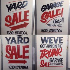 four signs with different words on them that say garage sale, yard sale, and we've got junk in the trunk garage