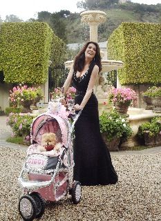 a woman in a black dress is pushing a pink stroller with a teddy bear