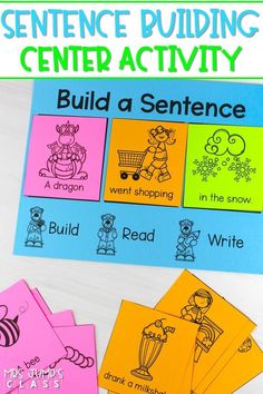 sentence building center activity for kids with pictures and words on the front, in bright colors