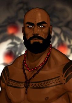 an animated image of a man with tattoos on his chest and wearing a red beaded necklace