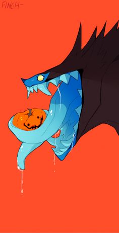 an orange and blue dragon with a pumpkin in it's mouth is eating from a plate