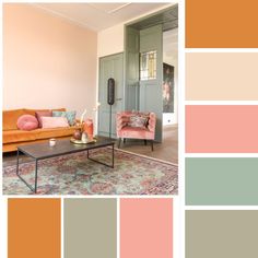 a living room filled with furniture and color swatches in shades of pink, orange, green