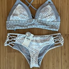 New With Tags, Never Worn. Size Xs In Both Adjustable White Swimwear For Pool, White Strappy Swimwear For Pool, White Strappy Swimwear For Beach Party, White Strappy Swimwear For Beach Season, Adjustable White Swimwear For Spring, Reversible Bikinis, Cheeky Bikinis, Purple Grey, Womens Swim