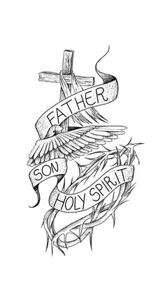 an ink drawing of a cross with the words father and son on it