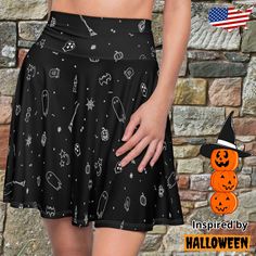 🎃👻Skater skirt Halloween Inspired 🕸️🦇 #Halloween #Skirt #ElasticWaistband #Skater Fitted Black Skirt For Halloween, Black Cosplay Skirt For Fall, Witchy Skirt For Costume Party, Gothic Black Skirt For Halloween, Fitted Black Skirt For Costume Party, Black Skirt For Halloween Costume Party, Fitted Black Witchy Bottoms, Witchy Skirt For Halloween Cosplay, Witchy Fitted Skirt For Costume Party