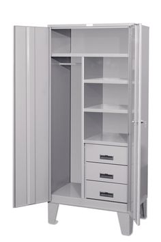 an open white cabinet with drawers and shelves