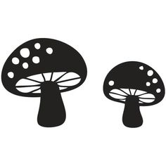 two black and white mushrooms with dots on the top, one mushroom is bigger than the other