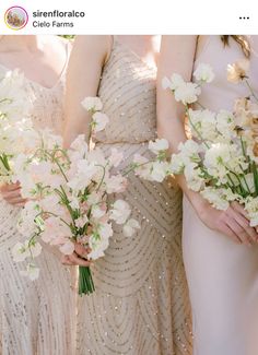 three bridesmaids holding bouquets of white and pink flowers in their hands, all wearing sequin dresses