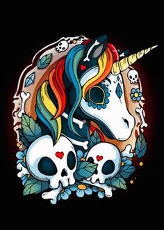 an image of a unicorn with skulls and flowers