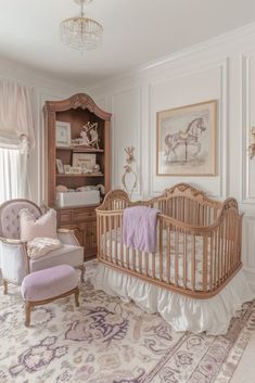 a baby's room with a crib, chair and dresser