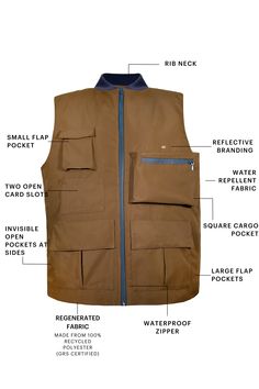 A functional, oversized cargo vest in a striking olive brown color. Featuring a soft, rib neckline and a water-repellent central zipper. The product has multiple external and internal pockets, including exposed zipper cargo pockets, flap pockets and card-size card slots. Made from GRS certified, 100% recycled polyester, which is made using waste that would otherwise pollute the Earth. It is also water-repellent. ’101’ reflective logo on the front left above the cargo pocket, & a ‘101%’ reflectiv Functional Utility Jacket With Cargo Pockets For Work, Functional Outerwear With Multiple Pockets For Travel, Functional Travel Outerwear With Multiple Pockets, Utility Jacket With Multiple Pockets For Travel, Travel Utility Jacket With Multiple Pockets, Khaki Utility Jacket With Pockets For Travel, Travel Utility Jacket With Cargo Pockets, Functional Utility Jacket With Side Pockets For Travel, Khaki Outdoor Vest With Multiple Pockets