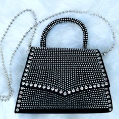 Studded Crystal Shoulder Bag: Black Suede Top Handle Bag Has An Attachable Chain And Can Be Worn As A Crossbody Handbag. Has Enough Room For Wallet And Iphone. Trendy Evening Bag With Chain For Night Out, Trendy Chain Evening Bag For Night Out, Glamorous Black Evening Bag For Night Out, Black Shoulder Bag With Chain Strap For Party, Glamorous Black Bag For Night Out, Black Shoulder Bag With Chain Strap For Events, Glamorous Chain Bag For Night Out, Glamorous Black Shoulder Bag For Night Out, Black Party Bags With Chain Detail