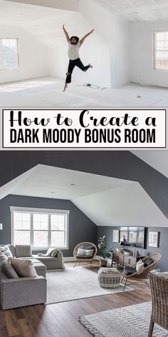 HOW TO CREATE A DARK AND MOODY BONUS ROOM ABOVE THE GARAGE Moody Bonus Room, Attic Bonus Room Ideas, Small Cute House, House Plans With Bonus Room, Attic Bonus Room, Bonus Room Decorating, Flex Room Ideas, Bonus Room Bedroom, Bonus Room Above Garage