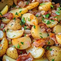 potatoes with bacon and parsley in a pan