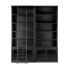 an open bookcase with three shelves and two doors on each side, in black