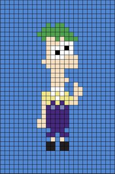 A pixel art template of Ferb Fletcher from the cartoon program Phineas and Ferb. Ferb Fletcher, Hama Art, Phineas Y Ferb, Doodle Frame