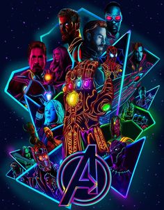 the avengers movie poster is shown in neon colors