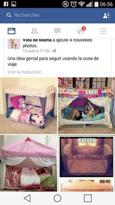 there are pictures of different beds in the same room, and one has a child's bed