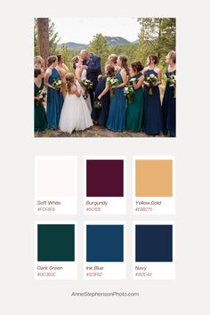 the wedding party is all dressed up in blue, green and yellow colors with their names on