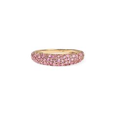 The Pink Sapphire Pave Stack Ring is encrusted with precious, glittering pink sapphires extending halfway around the band. The thickness of the band combined with the pave setting makes for a bold yet elegant piece of jewelry, perfect for making a statement or adding a pop of color to any outfit. Available in 14K White, Yellow, and Rose Gold Gemstone weight = 0.60 carats Ring width = 4.80mm Gemstones are natural, therefore colors may vary Luxury Pink Sapphire Ring With Pave Setting, Fine Jewelry Pink Gold Diamond Ring With Pink Sapphire, Luxury Pink Rings With Pave Setting, Fine Jewelry Pink Sapphire Diamond Ring In Pink Gold, Wedding Rings With Pave Setting And Pink Sapphire, Pink Sapphire Wedding Rings With Pave Setting, Wedding Ring With Pink Sapphire And Pave Setting, Round Pink Sapphire Jewelry With Pave Setting, Pink Sapphire Rings With Pave Setting