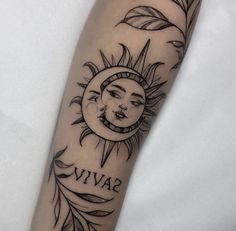 a sun and moon tattoo on the arm with words written below it that reads, niva