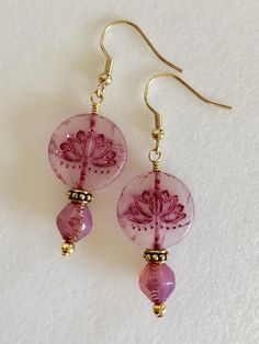 Lotus Blossom Earrings, Pink Flower Earrings, Premium Czech Glass, Yoga Earrings, Spring Flowers Gold Czech Glass Flower Earrings For Gift, Pink Wire Wrapped Round Earrings, Pink Round Beads Earrings Nickel Free, Nickel Free Pink Round Bead Earrings, Pink Nickel-free Round Bead Earrings, Pink Nickel-free Round Beaded Earrings, Nickel-free Pink Flower-shaped Jewelry, Pink Wire Wrapped Earrings For Gift, Pink Czech Glass Earrings With Ear Wire