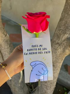 a person holding up a card with a rose on it that says, frees mi ravio de sol en medio del frio