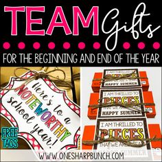 a collage of pictures with the words team gifts for the beginning and end of the year