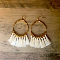 Adorable White Fringe Earrings. Never Worn, I Just Decided They Aren’t Quite My Style. Will Be So Cute For Fall! White Bohemian Teardrop Earrings For Pierced Ears, White Bohemian Teardrop Earrings, Bohemian White Teardrop Hoop Earrings, White Teardrop Bohemian Hoop Earrings, White Bohemian Hoop Earrings For Party, White Fringe Earrings, Cottagecore Jewelry, Gold Earrings Wedding, Turquoise Hoop Earrings