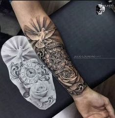 a man's arm with a clock and roses tattoo on the left side of his arm