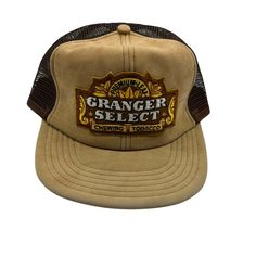 Vtg NOS Granger Select Chewing Tobacco Mesh Snapback Trucker Hat Cap USA Made A. Brown Trucker Hat With 5-panel Design, Brown Trucker Hat 5-panel, Brown 5-panel Trucker Hat, Retro Brown Adjustable Snapback Hat, Brown 5-panel Hat For Streetwear, Vintage Brown Snapback Hat For Streetwear, Brown Short Brim Baseball Cap For Streetwear, Vintage Brown Trucker Hat For Outdoor, Brown Snapback Hat With Short Brim For Streetwear