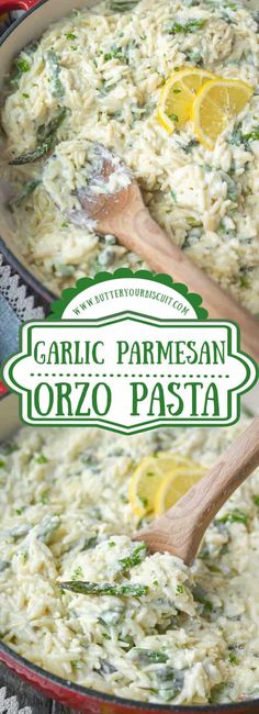 garlic parmesan orzo pasta with lemons and herbs in a red skillet